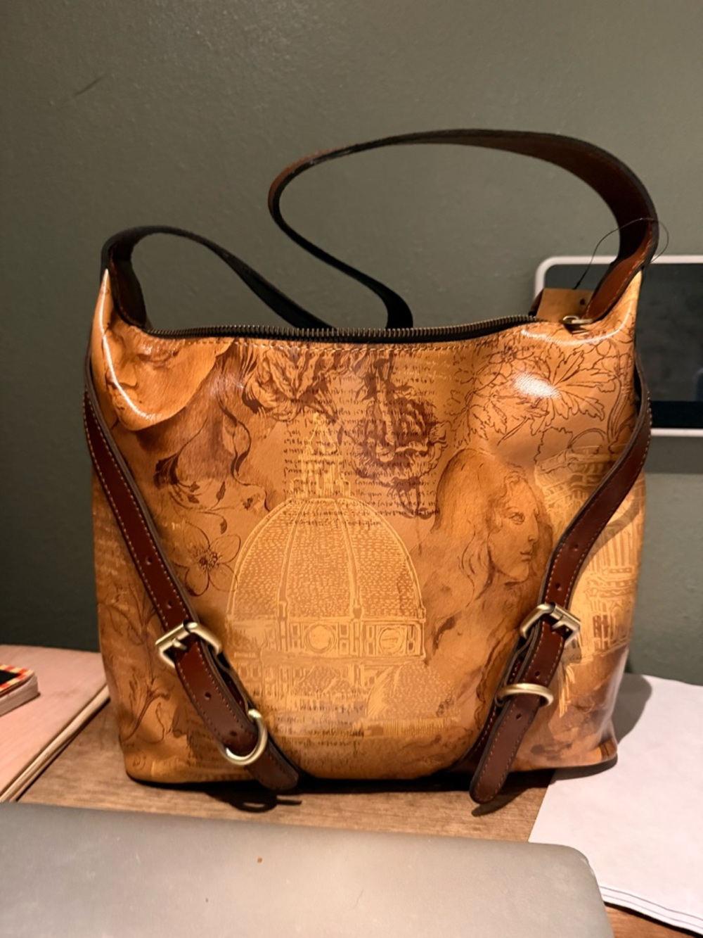 Patricia Nash Tan & Brown Printed Leather Shoulder Hobo